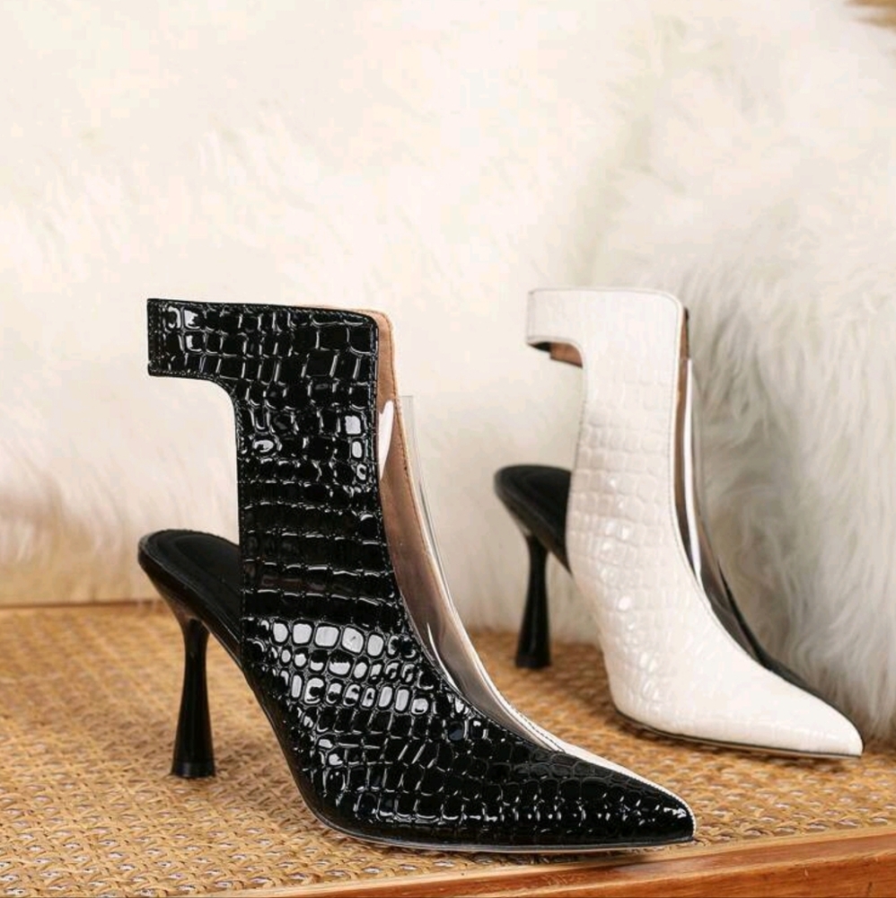Black & White Color Splicing Hollow Out Thin Heel Sandals, Elegant Summer Shoes, - Picture 4 of 7